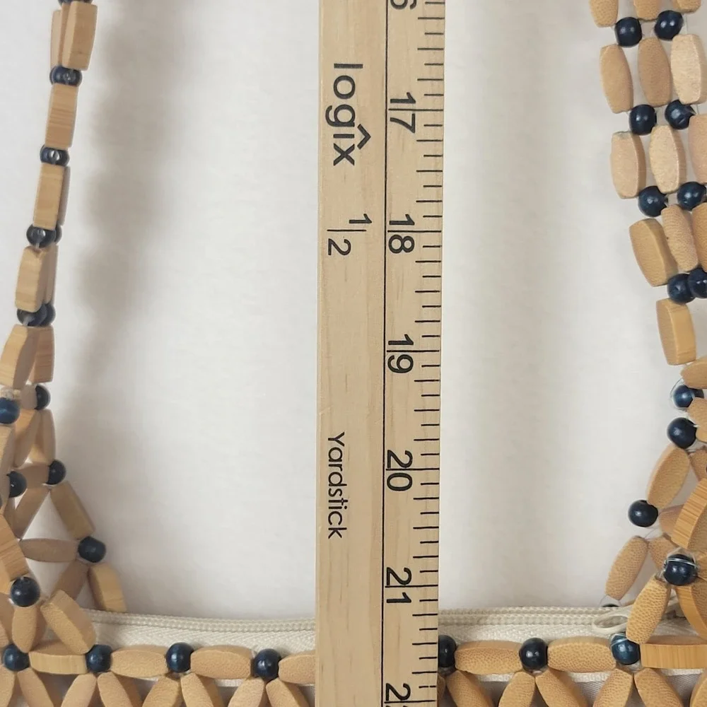Wooden Bead Flower Purse Blue Tan Boho Crossbody Handbag